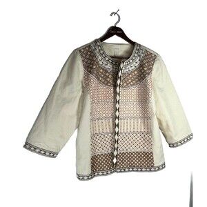 Chicos Boho Embroidered Jacket Beaded Blazer 2 Large